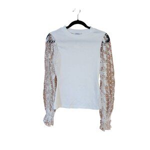 Polagram Womens White Long Sleeve Lace Top With Sheer Floral Sleeves Size S NWT